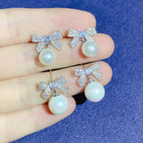 Pearl Pave Stud Earrings with Bow - Silver