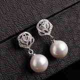 Pearl Pave Stud Earrings with Bow - Silver