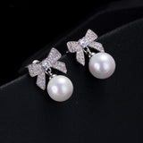 Pearl Pave Stud Earrings with Bow - Silver
