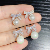 Pearl Pave Stud Earrings with Bow - Silver