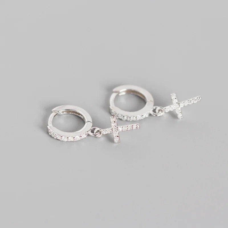 925 Silver Cross Hoop Huggie Earrings with Zirconia, TLE686