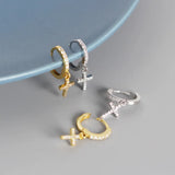 925 Silver Cross Hoop Huggie Earrings with Zirconia, TLE686