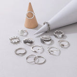 Bohemian Sunflower Crown Rings for Women Punk Feather Star Hollow Alloy Ring Set