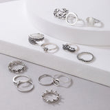 Bohemian Sunflower Crown Rings for Women Punk Feather Star Hollow Alloy Ring Set