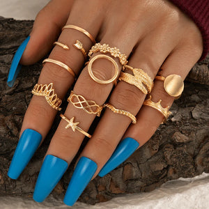 Bohemian Sunflower Crown Rings for Women Punk Feather Star Hollow Alloy Ring Set