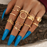 Bohemian Sunflower Crown Rings for Women Punk Feather Star Hollow Alloy Ring Set