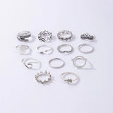 Bohemian Sunflower Crown Rings for Women Punk Feather Star Hollow Alloy Ring Set