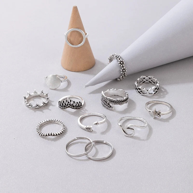 Bohemian Sunflower Crown Rings for Women Punk Feather Star Hollow Alloy Ring Set