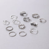 Bohemian Sunflower Crown Rings for Women Punk Feather Star Hollow Alloy Ring Set