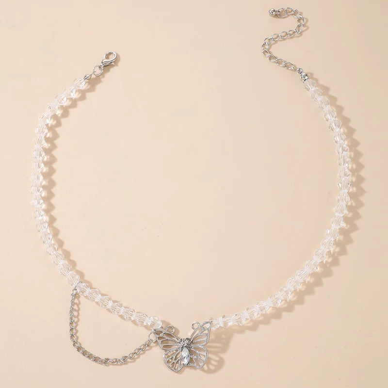 Silver Butterfly Acrylic Beads Boho Necklace for Women