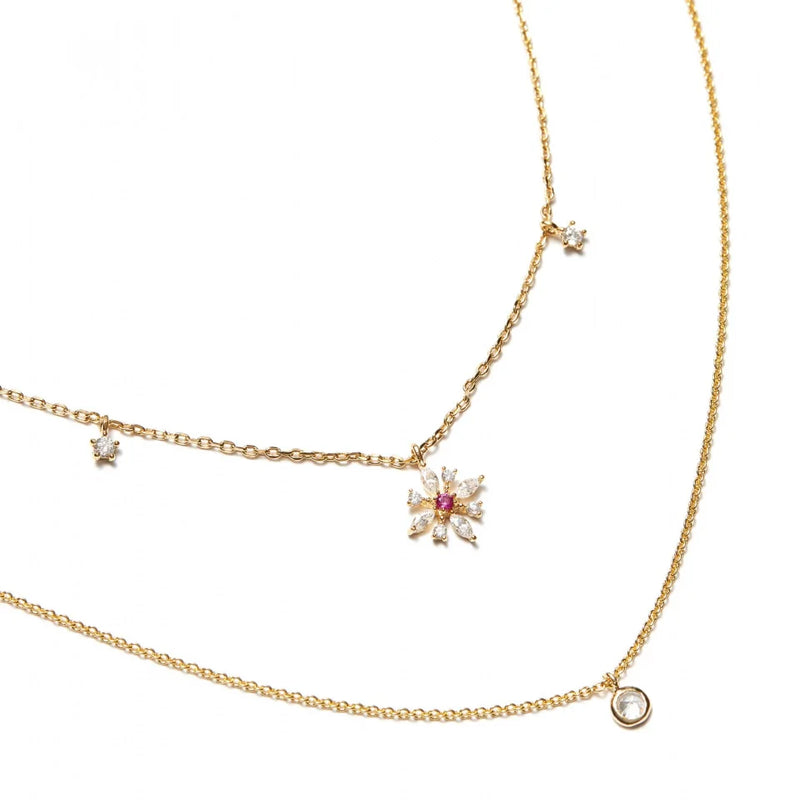 925 Sterling Silver Double Layer Necklace CZ Flower Charm Women Jewelry