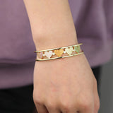 Double Layer Bangle Bracelet Pink Heart Charm Rainbow CZ Open Cuff Women Jewelry