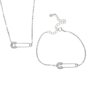 Safety Pin Charm Bracelet and Necklace Set in 925 Sterling Silver