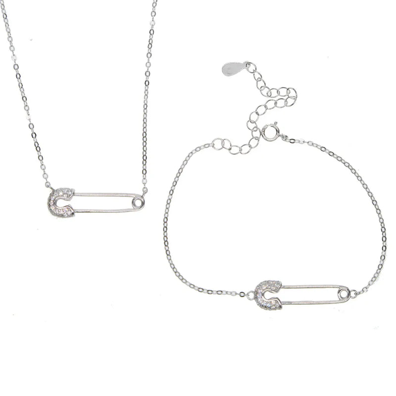 Safety Pin Charm Bracelet and Necklace Set in 925 Sterling Silver