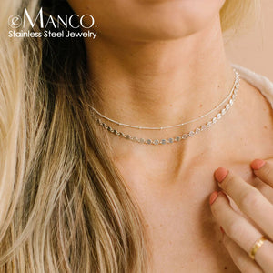 eManco 2 PCS Titanium Steel Choker Necklace Women Minimalist 316L Stainless Stee