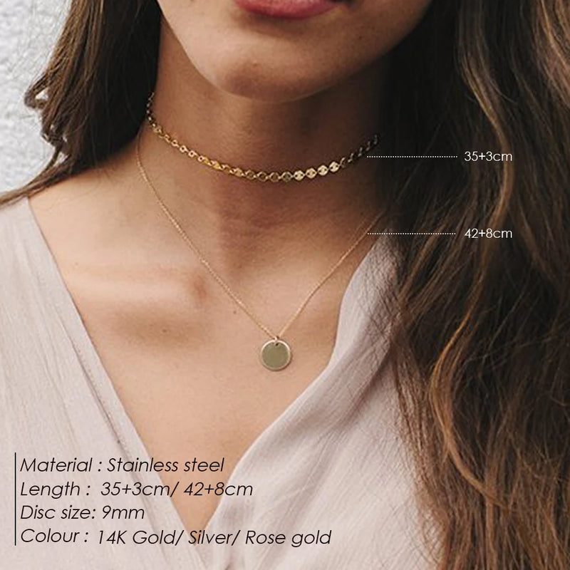 eManco 2 Pcs Layered Necklace Women Stainless Steel Chokers Jewelry