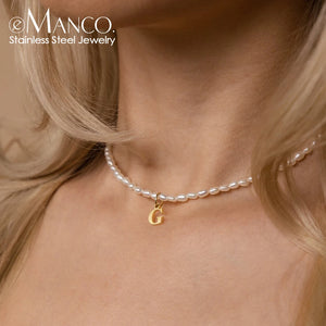 eManco Faux Pearl Initial Necklace Stainless Steel Collar DIY Alphabet Accessori