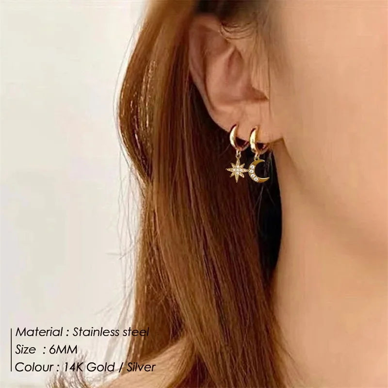 eManco Stainless Steel Hoop Earrings Star Moon Dangle Earrings