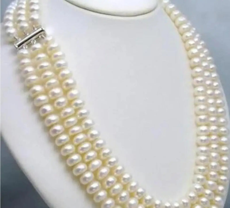 3-Row Natural Akoya Pearl Necklace with Silver Jewelry