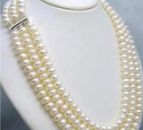 3-Row Natural Akoya Pearl Necklace with Silver Jewelry