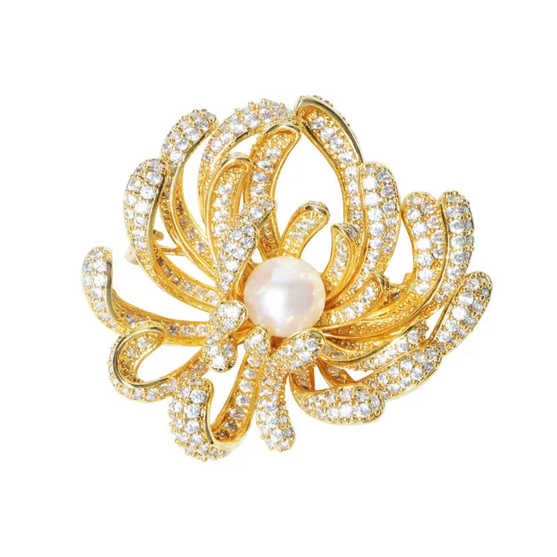 Natural Pearl Flower Brooch Cubic Zircon Fine Jewelry