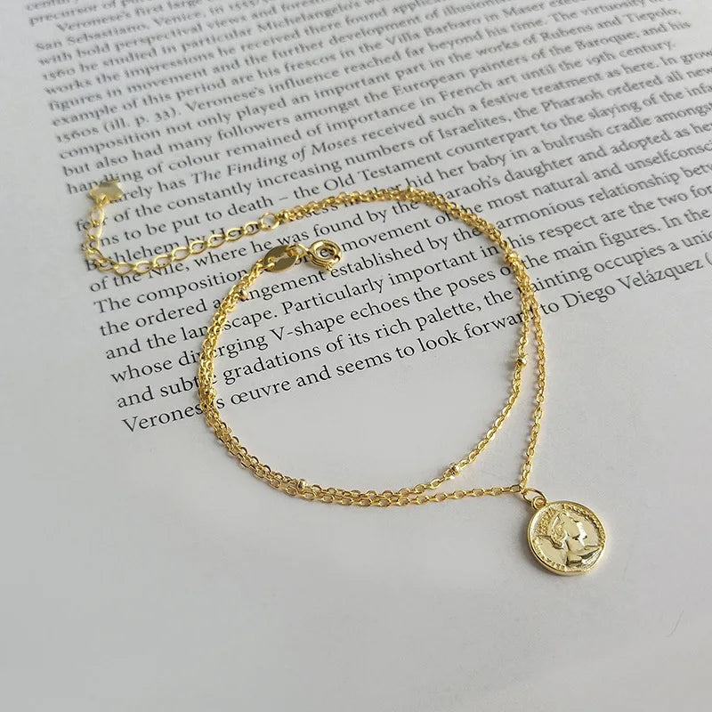 925 Silver Multi-Rows Portrait Coin Beads Chain Bracelet