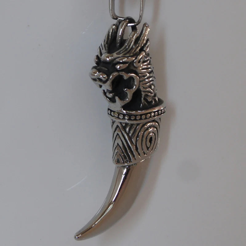 Dragon Head Horn Pendant Necklace Stainless Steel Basket Chain