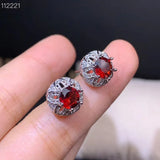 Natural Garnet Stud Earrings for Women, Wine Red Round Gem, 925 Silver