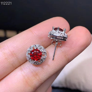 Natural Garnet Stud Earrings for Women, Wine Red Round Gem, 925 Silver