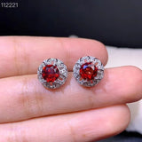 Natural Garnet Stud Earrings for Women, Wine Red Round Gem, 925 Silver
