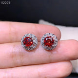 Natural Garnet Stud Earrings for Women, Wine Red Round Gem, 925 Silver