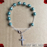 Religious Rosary Bracelet Faux Pearl INRI Jesus Cross Bead Cap