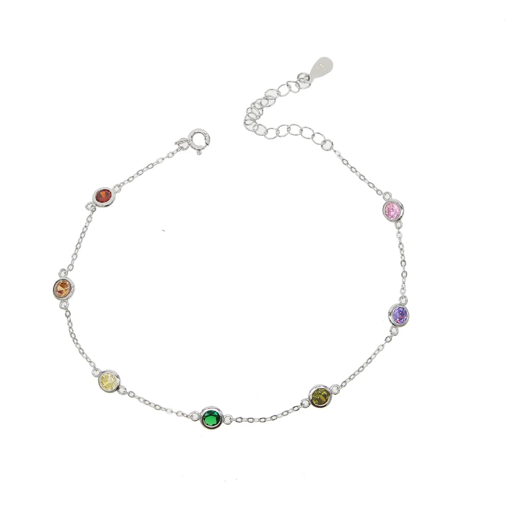 925 Silver CZ Station Chain Foot Jewelry Rainbow Anklet