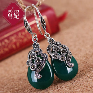 Green Opal Chalcedony Sterling Silver Earrings Retro Women Jewelry