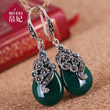 Green Opal Chalcedony Sterling Silver Earrings Retro Women Jewelry