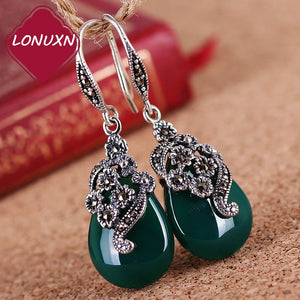 Green Opal Chalcedony Sterling Silver Earrings Retro Women Jewelry