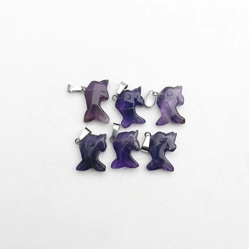 6pcs Small Dolphin Amethyst Natural Stone Pendants for Jewelry Making