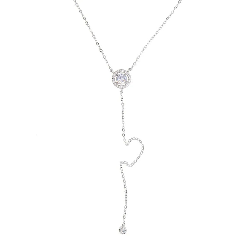 925 Silver Rose Necklace, Y Layering Necklace, CZ Round Charm Wedding Necklace
