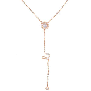 925 Silver Rose Necklace, Y Layering Necklace, CZ Round Charm Wedding Necklace