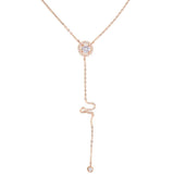 925 Silver Rose Necklace, Y Layering Necklace, CZ Round Charm Wedding Necklace