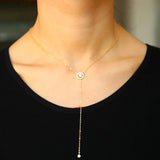 925 Silver Rose Necklace, Y Layering Necklace, CZ Round Charm Wedding Necklace