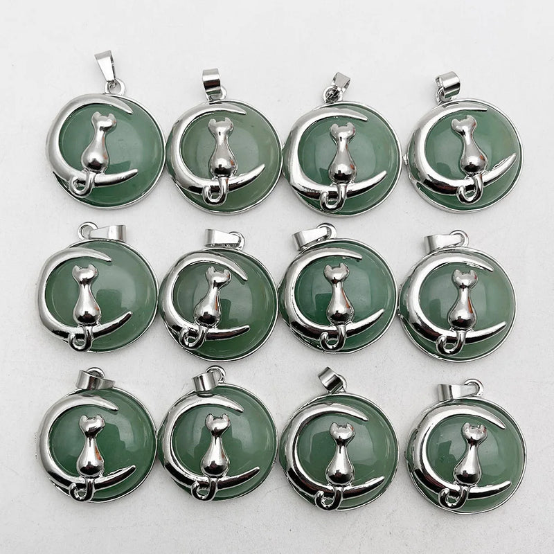 Aventurine Stone Cat Moon Necklace Pendant for Jewelry Making