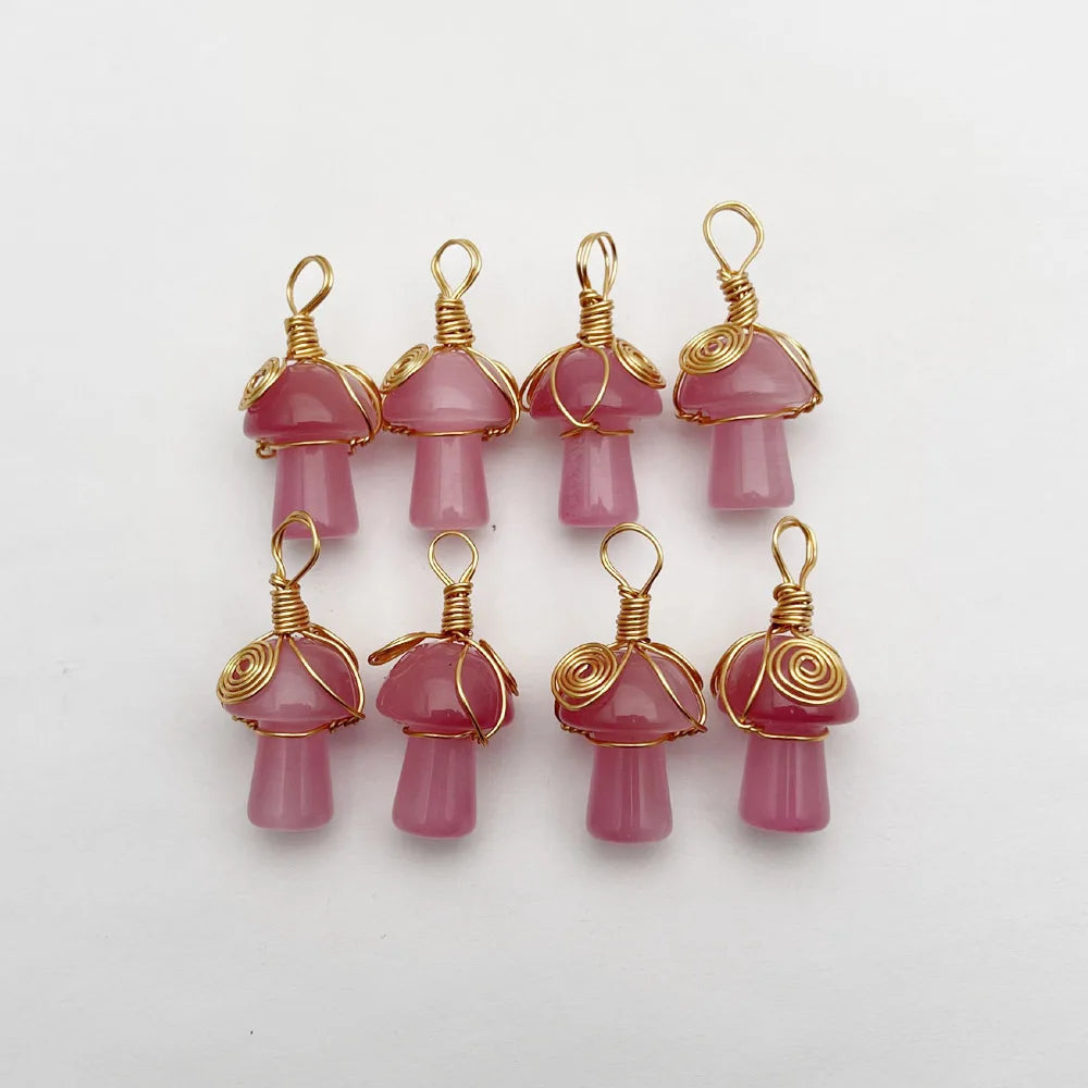 Pink Cat Eye Gem Stone Mushroom Pendant for Jewelry Making