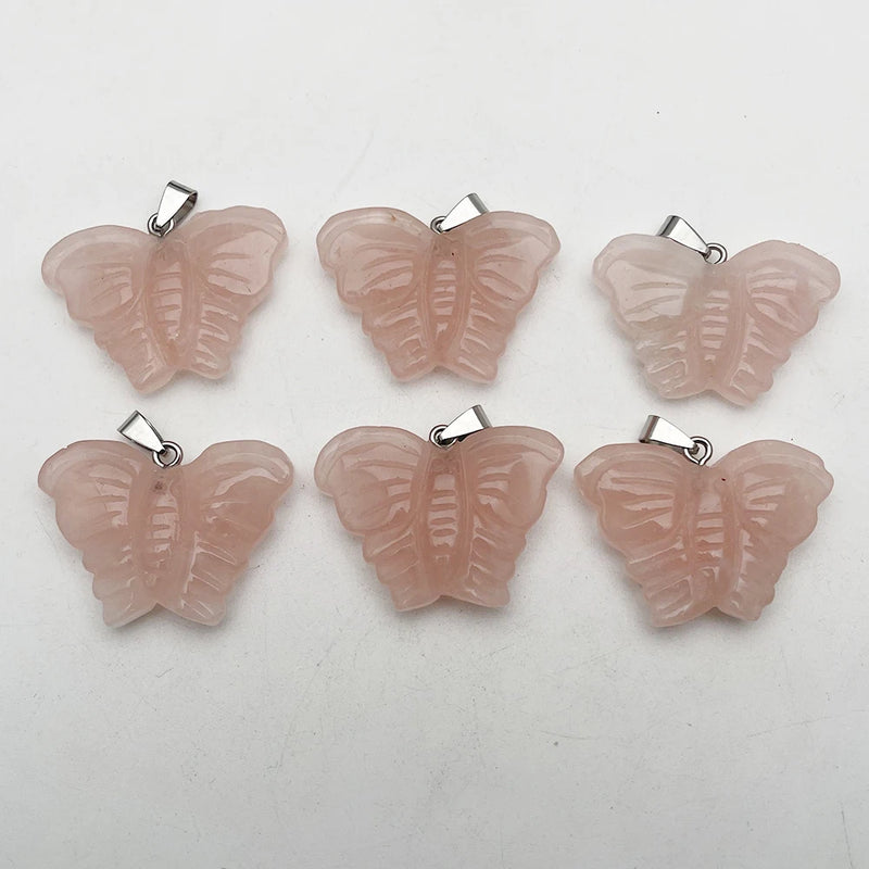 Rose Quartz Butterfly Stone Pendant Necklace for Jewelry Making 6pcs/lot