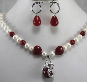 8mm Shell Pearl Red Necklace Earrings Set with Dragon Pendant