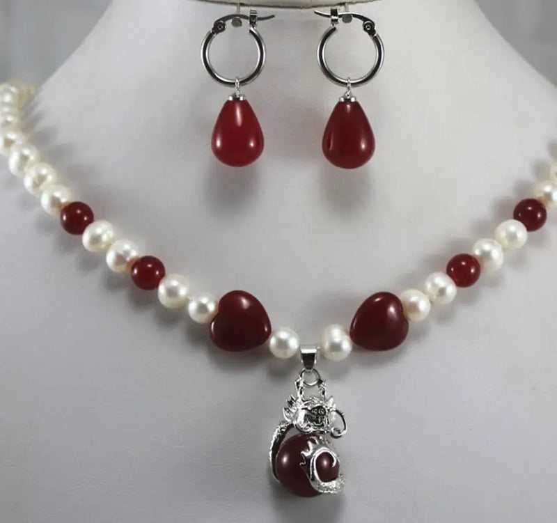8mm Shell Pearl Red Necklace Earrings Set with Dragon Pendant