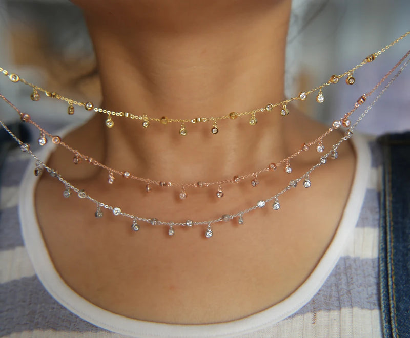 925 Sterling Silver CZ Drip Drop Charm Choker Necklace