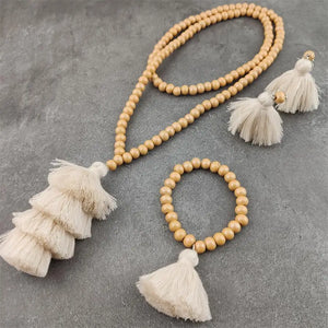 Bohemian Tassel Long Necklace Khaki Wooden Beads Retro Pendant