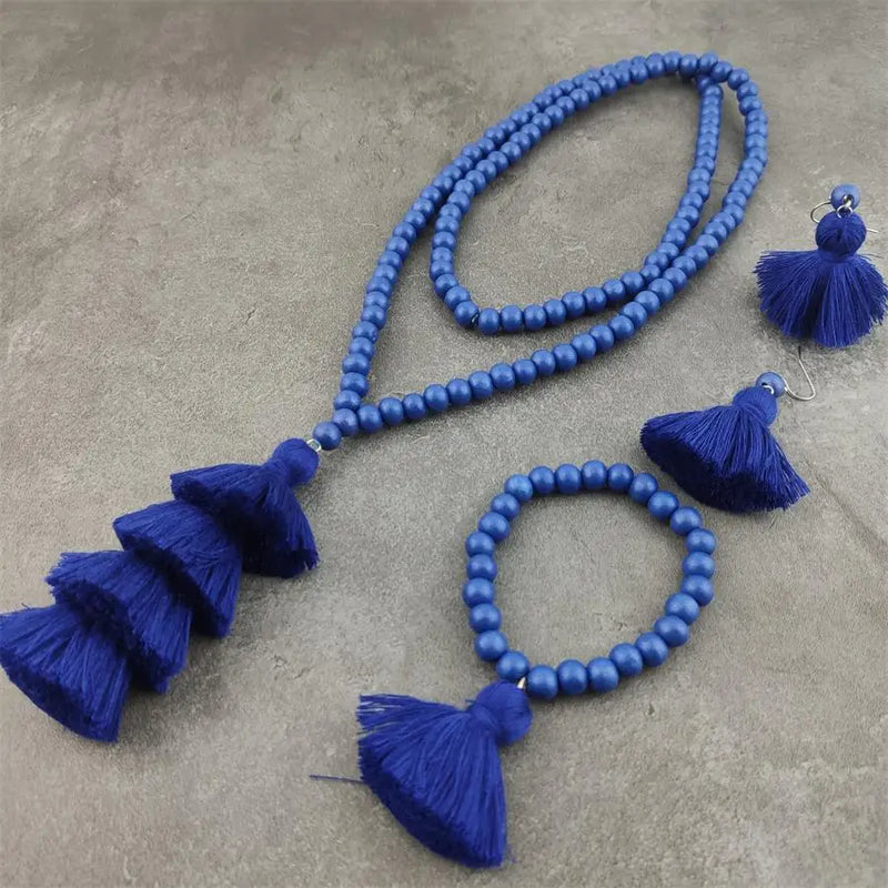 Bohemian Tassel Long Necklace Khaki Wooden Beads Retro Pendant
