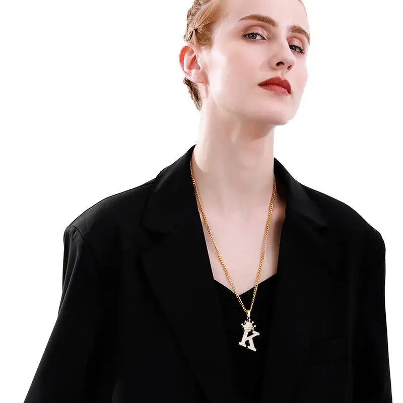Initial Letter Pendant Necklace 18k Plated Stainless Steel Chain Zircon Crown